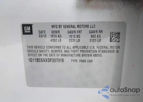 2013 Chevrolet Malibu 1Ls из США, поврежденный, VIN 1G11B5SAXDF267918